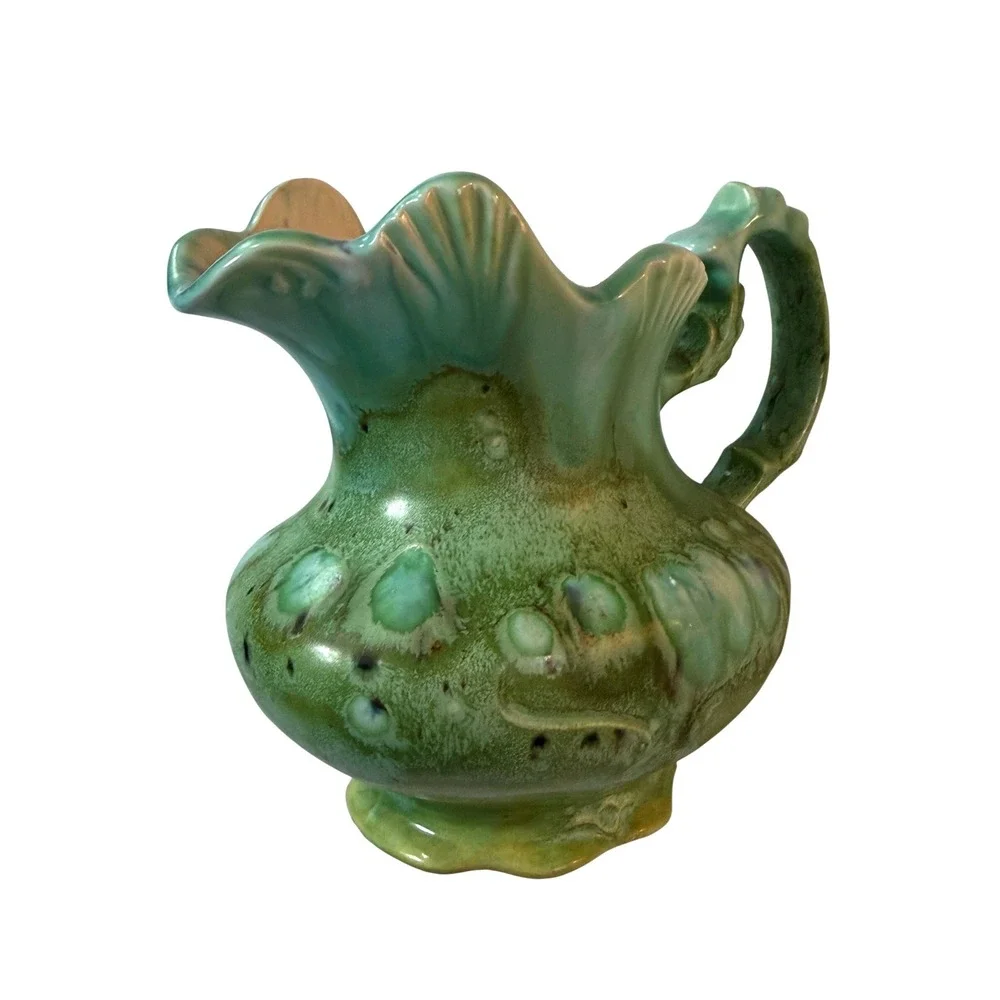 Vintage Studio Pottery Pitcher Green Drip Glaze Ewer Scalloped‎ Cottagecore